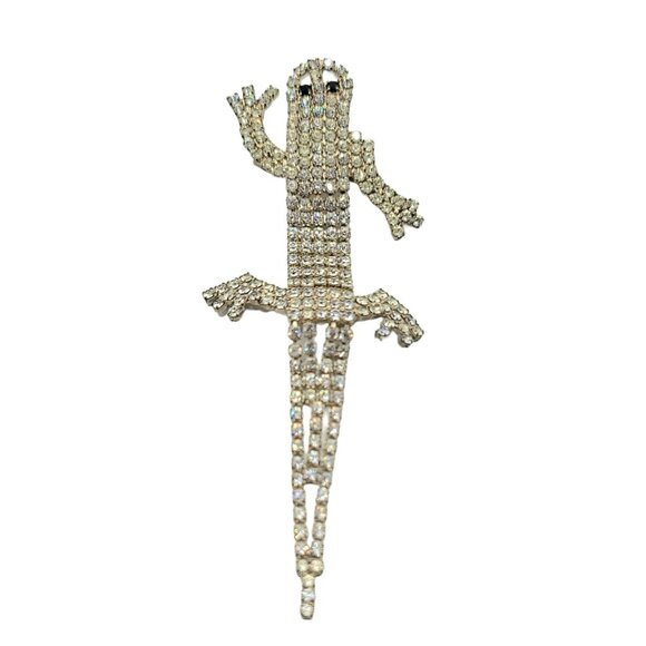 Silver Tone Clear Rhinestone Articulated Lizard Gecko Brooch Pin - Picture 4 of 7